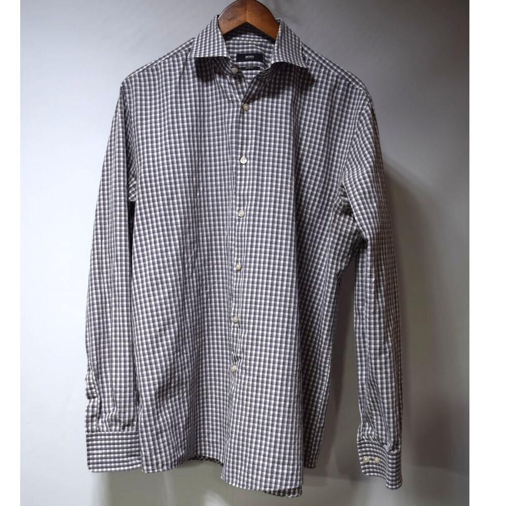 BOSS Hugo Boss Men’s Gray White Gingham Check Slim Fit Dress Shirt 17